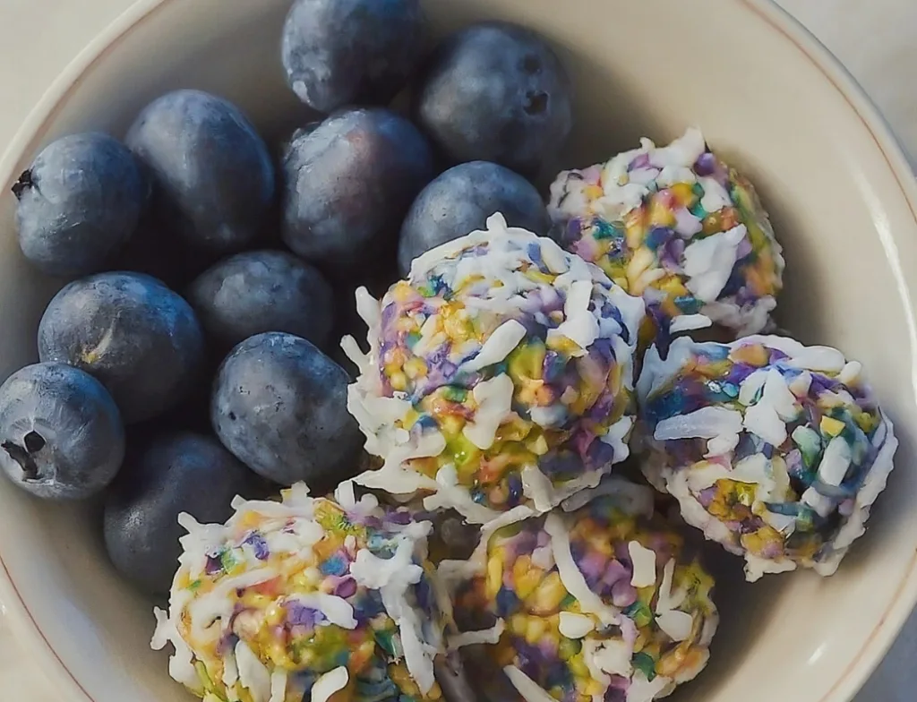 Hypoallergenic Dog Treats : Coconut and Blueberry Bites: A small bowl of these colorful, bite-sized treats next to fresh blueberries and coconut flakes