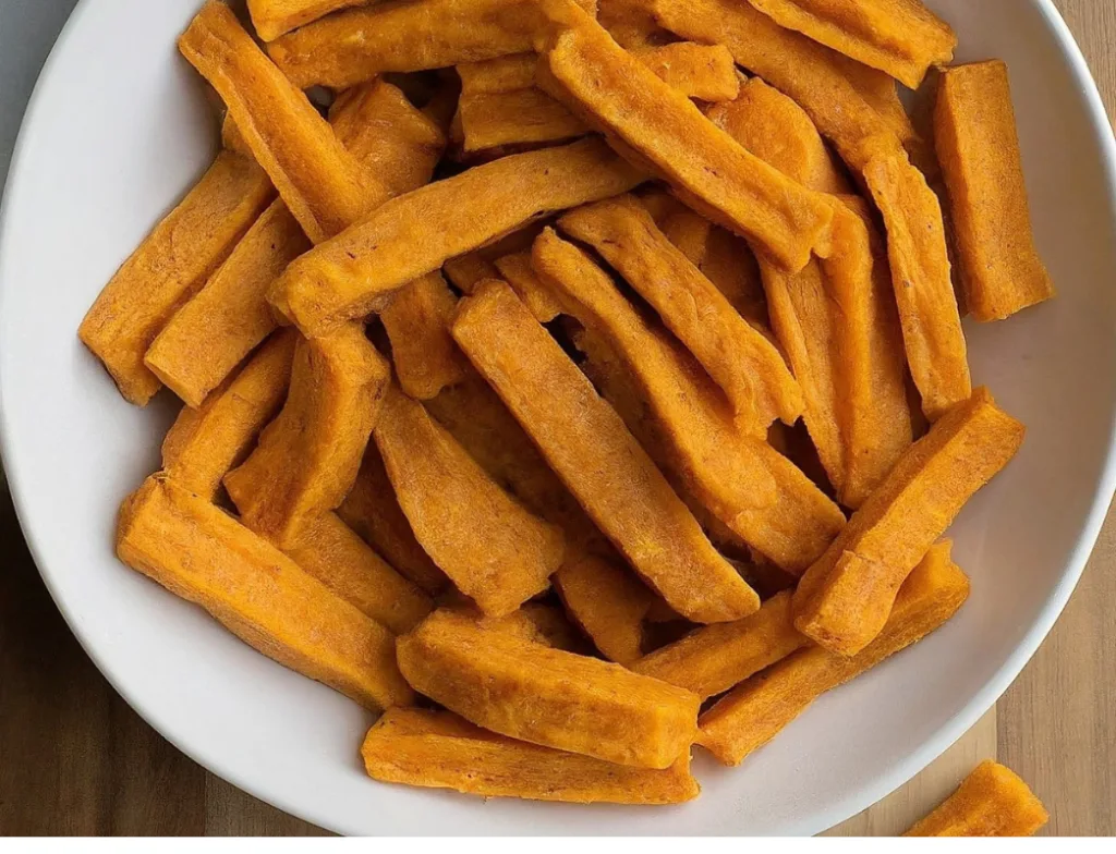 Hypoallergenic Dog Treats : Sweet Potato Chews: Crispy, dehydrated sweet potato slices arranged on a rustic wooden board.