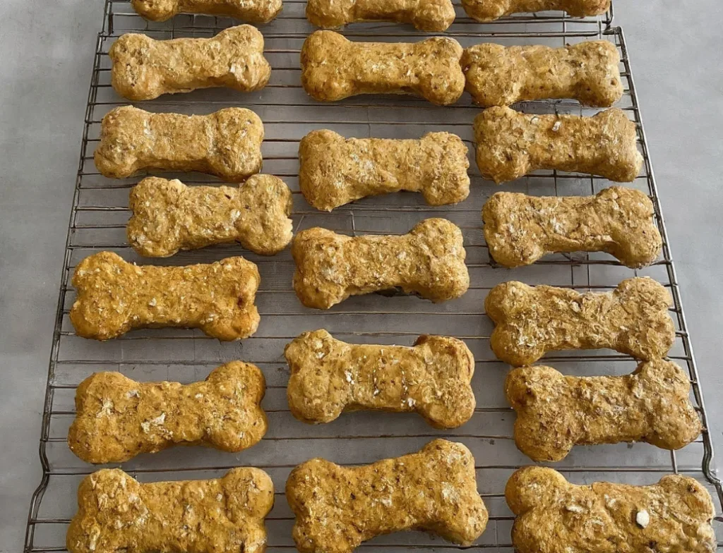 Hypoallergenic Dog Treats : Chicken and Oat Biscuits: Bone-shaped biscuits cooling on a wire rack, with visible oats and chicken pieces.