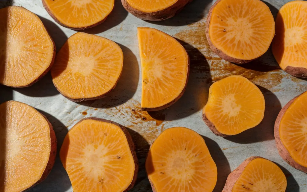 Sweet Potato Dog Chews: A close-up shot of sliced sweet potatoes on a baking sheet or dehydrator.