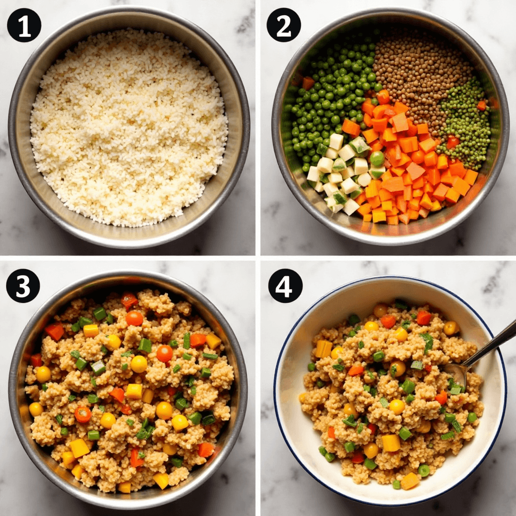 A 4-panel grid showing the cooking process