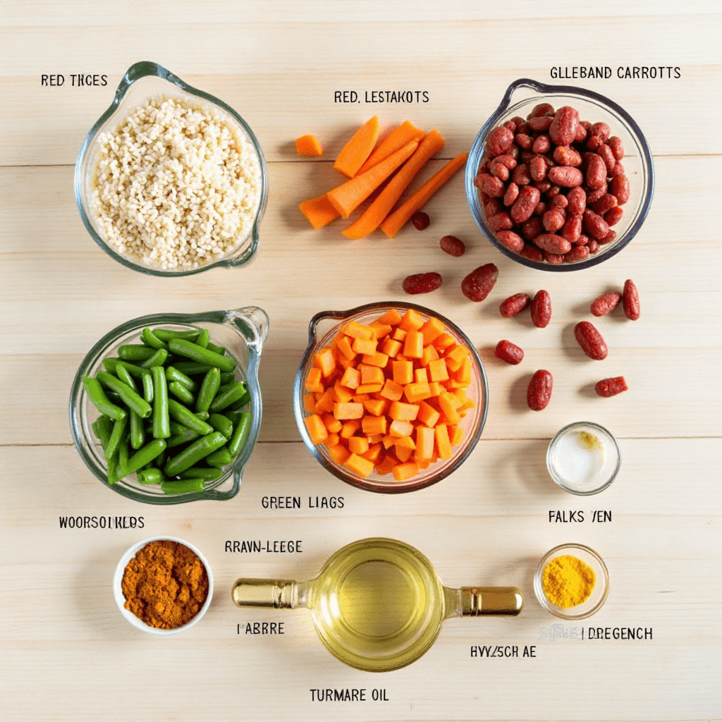  top-down view of all recipe ingredients neatly arranged on a light wooden surface